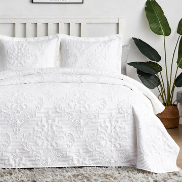 White Quilt - Ultrasonic Summer Bedspread, Soft Lightweight Coverlet Bedding Set, 3 Pieces (1 Quilt, 2 Pillowcases)
