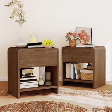 Nightstands Set of 2 with Storage Drawer & Shelves, Walnut