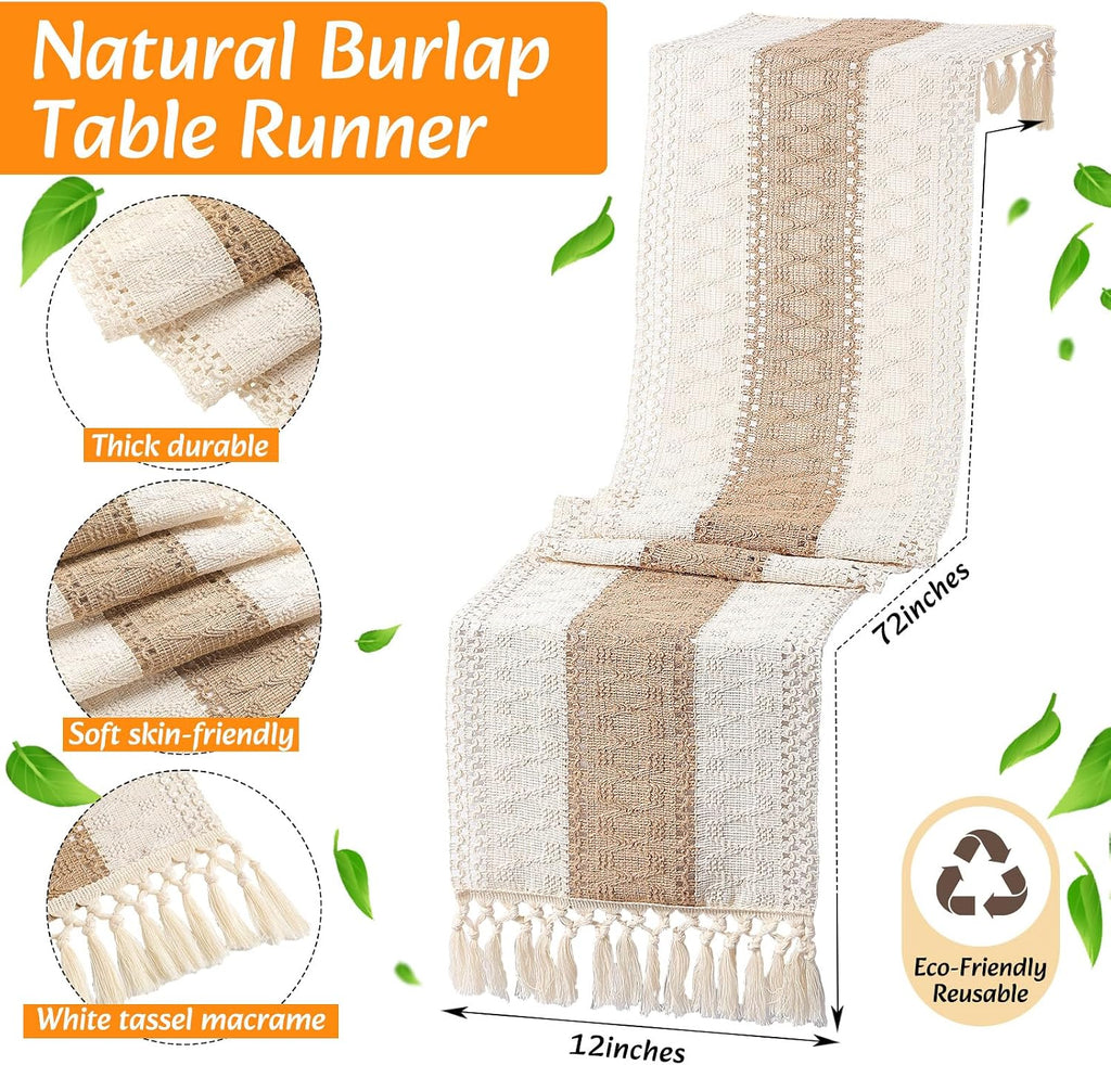 Boho Placemat Table Runner Napkin Rings, Khaki, 12x72, 6 Sets | Woven Mats for Dining with Wood Bead Rings, Cloth