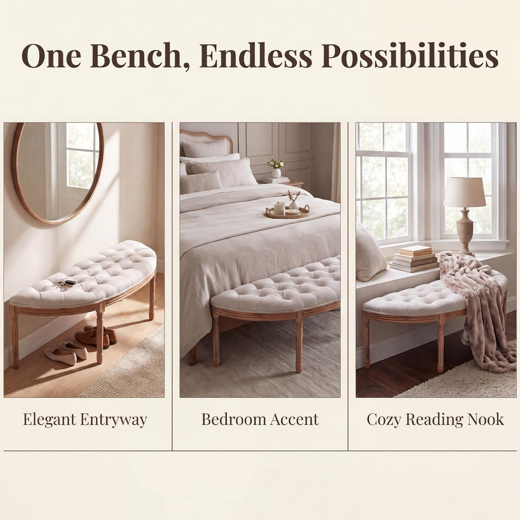 55" Button Tufted Semi-Circle Dining Bench Linen Halfmoon Entryway Bench Comfy Upholstered Bench Seat for Bay