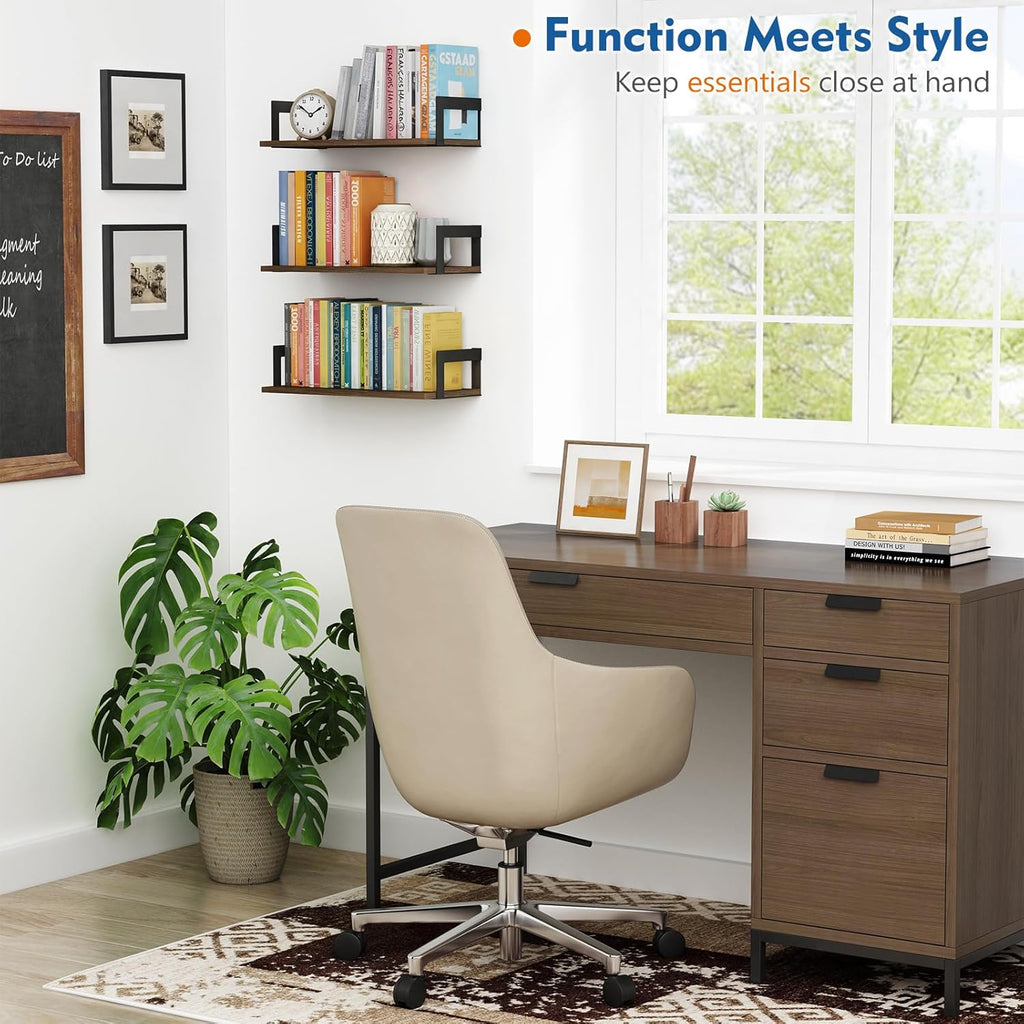 Floating Book Shelves for Wall Set of 3, 17 x 8 Inch Deep Wooden Wall Bookshelf Office, Rustic Wood Hanging Wall