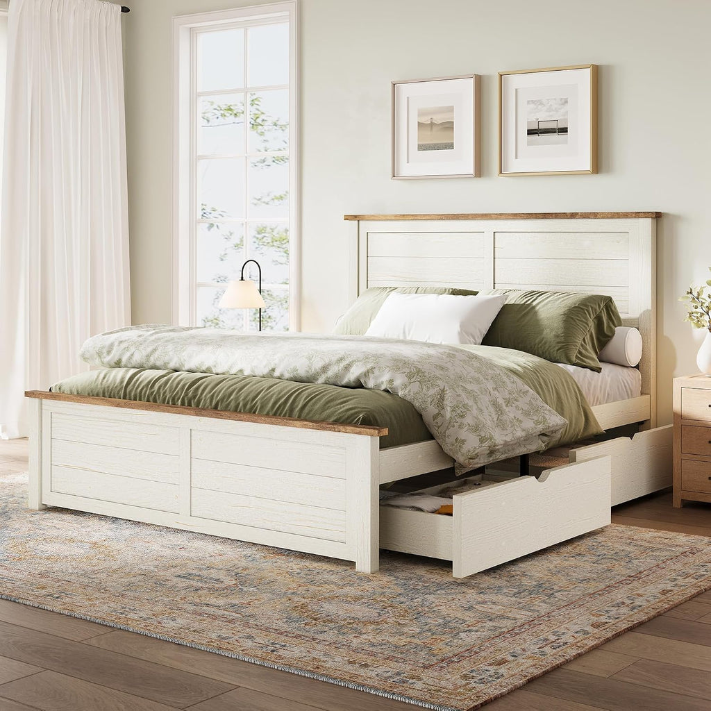 Queen Farmhouse Bed Frame with Headboard, Platform Bed with 4 Storage Drawers, Wood Bed Frame for Bedroom, Wood Slats