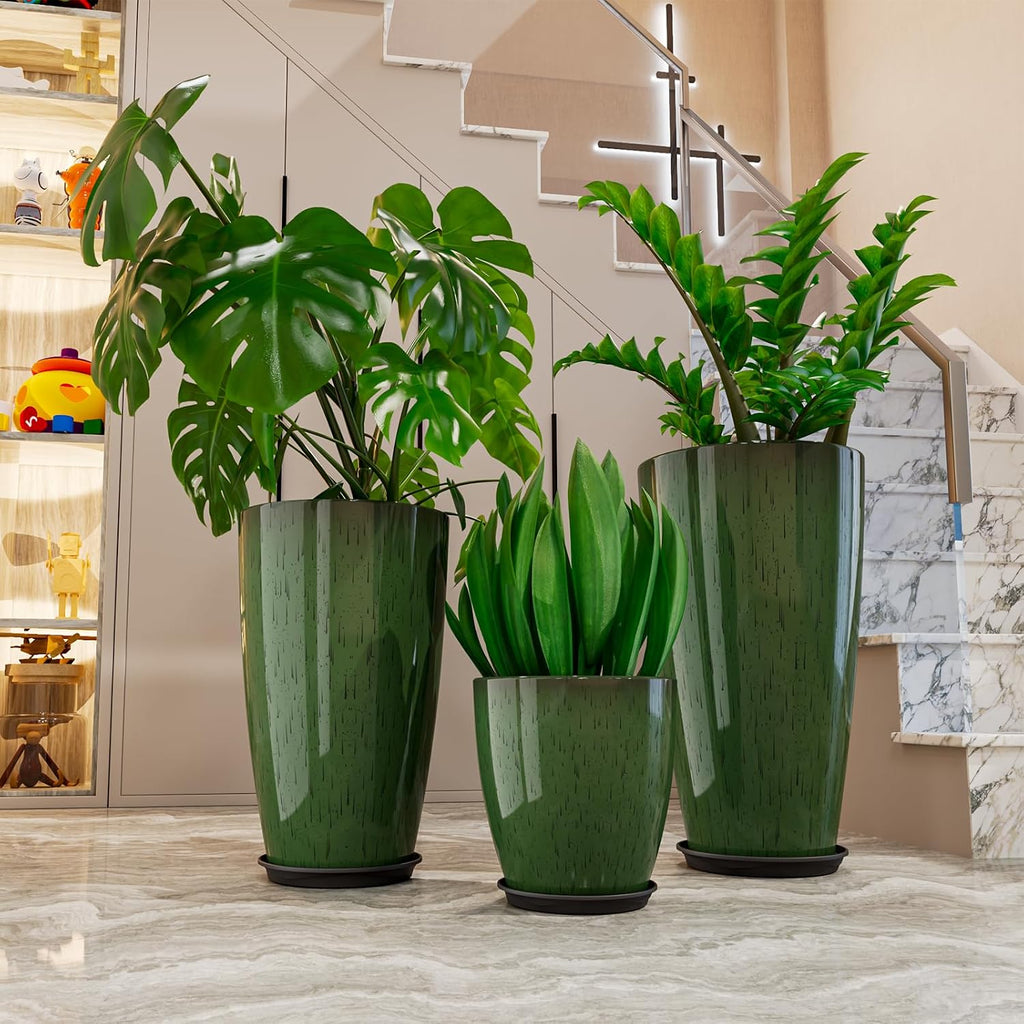 24,21,11 inch Large Planters with Drainage Hole & Saucer, Set of 3 Plant Pots Tall Planter for Indoor & Outdoor