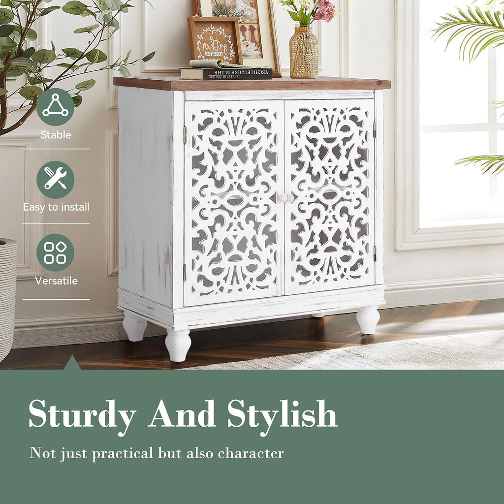 Accent Cabinet with Doors, White Carved Buffet Cabinet | White Accent Cabinet with doors, Small Carved Decorative