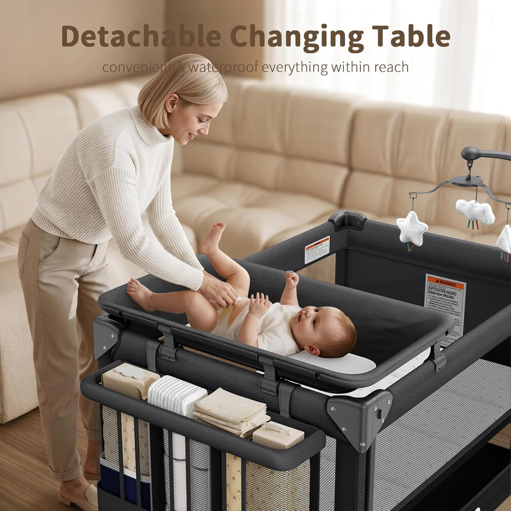 4 in 1 Baby Bassinet, One-Push Setup Pack and Play, Bedside Crib Sleeper with 3 Height Adjustable,Diaper Changer