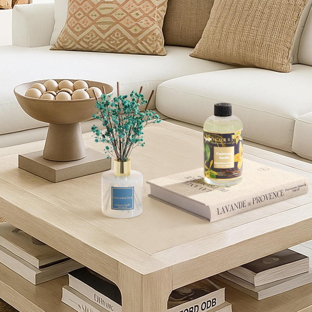 Reed Diffuser Refill Cashmere Vanilla 17oz (500ml) with 8 Rattan Sticks - Premium Long-Lasting Essential Oil, Home