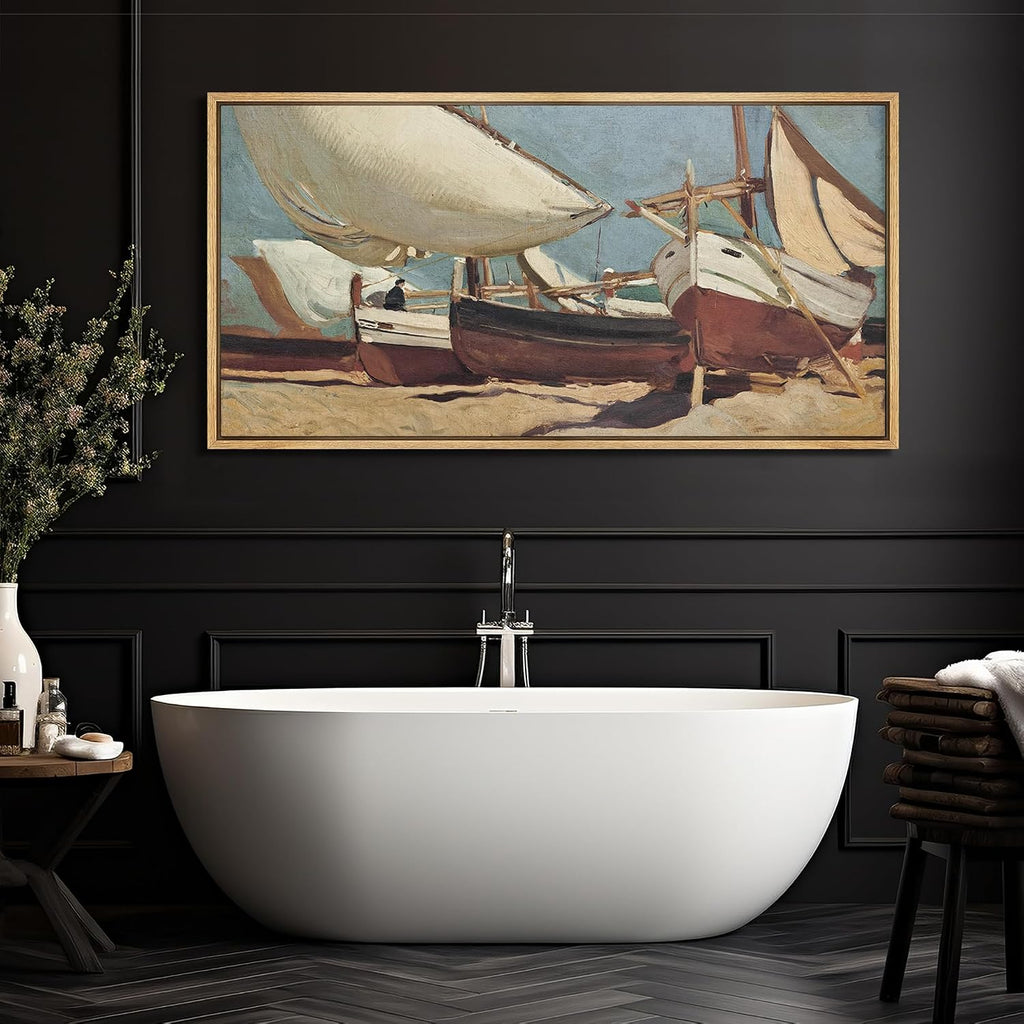Extra Large Framed Canvas Print Wall Art Vintage Nautical Scene with Sailing Boats Antique Retro Fine Art