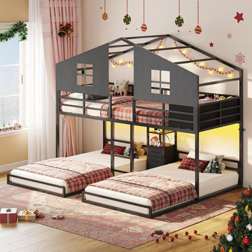 Triple Bunk Bed Twin with House, 4 Storage Drawers, Charging Station and LED Lights