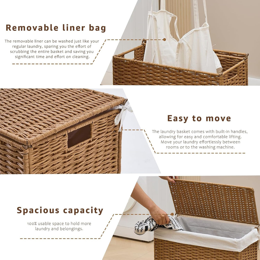 Slim Wicker Laundry Hamper with Lid, 75L Handwoven Rattan Basket with Handles, Narrow Laundry Basket with Removable