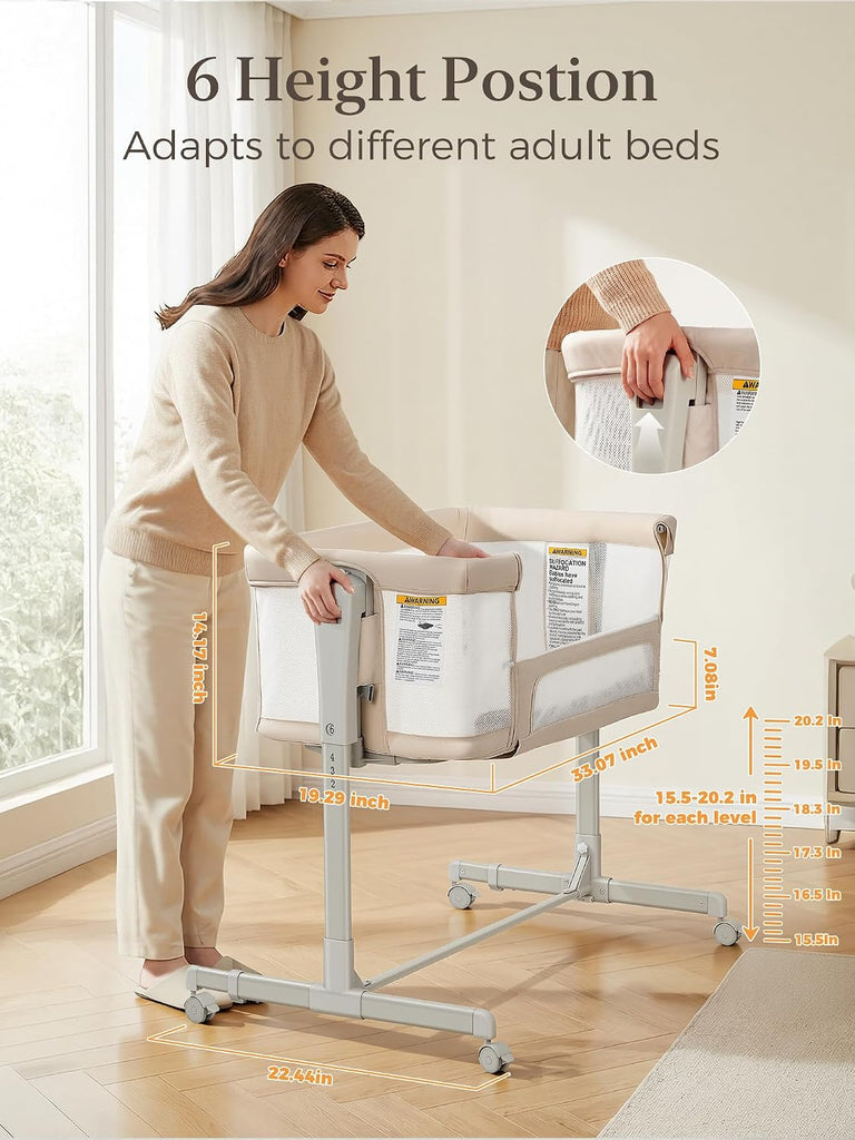 Baby Bassinet Bedside Sleeper 3-in-1, Easy Night Feeding with One-Side Fold & Rolling Wheels, Breathable Mesh