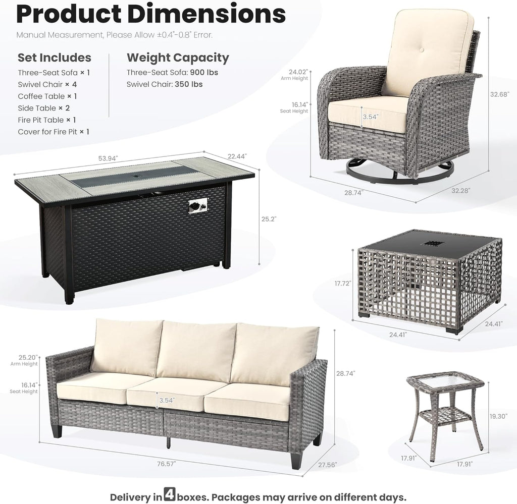 9 Pieces Patio Furniture Set, Outdoor Wicker Sofa Couch with Rocking Swivel Chairs Fire Pit Table