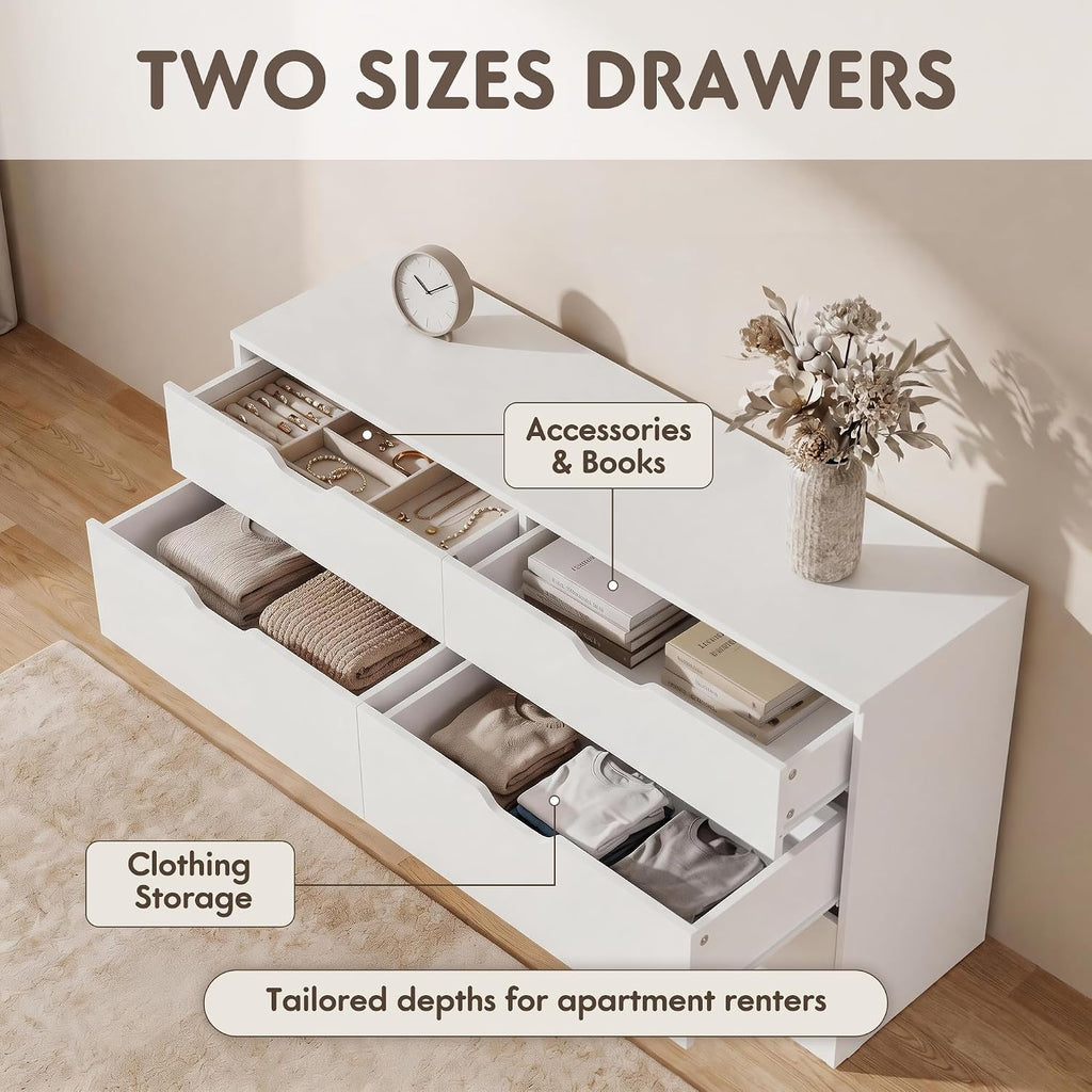 Dresser , 47.2" Modern Wood Chest with 6 Drawers, White | Two Drawer Sizes, Anti-Tip, Storage Cabinet & TV Stand