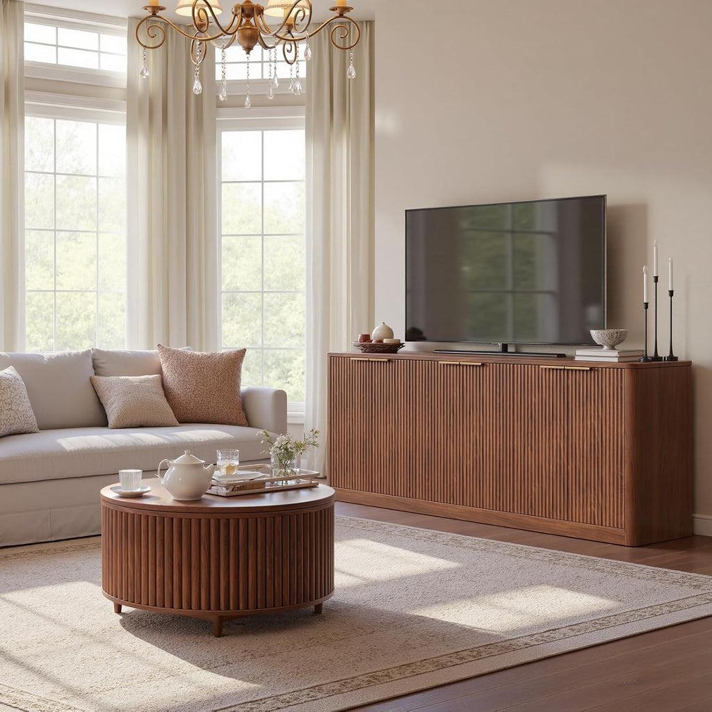 67" Walnut Fluted TV Stand for TVs up tp 75", Mid-Century Modern Entertainment Center with Storage Cabinets and Fluted Doors, Wood Media TV Consoles for Living Room and Bedroom Furniture