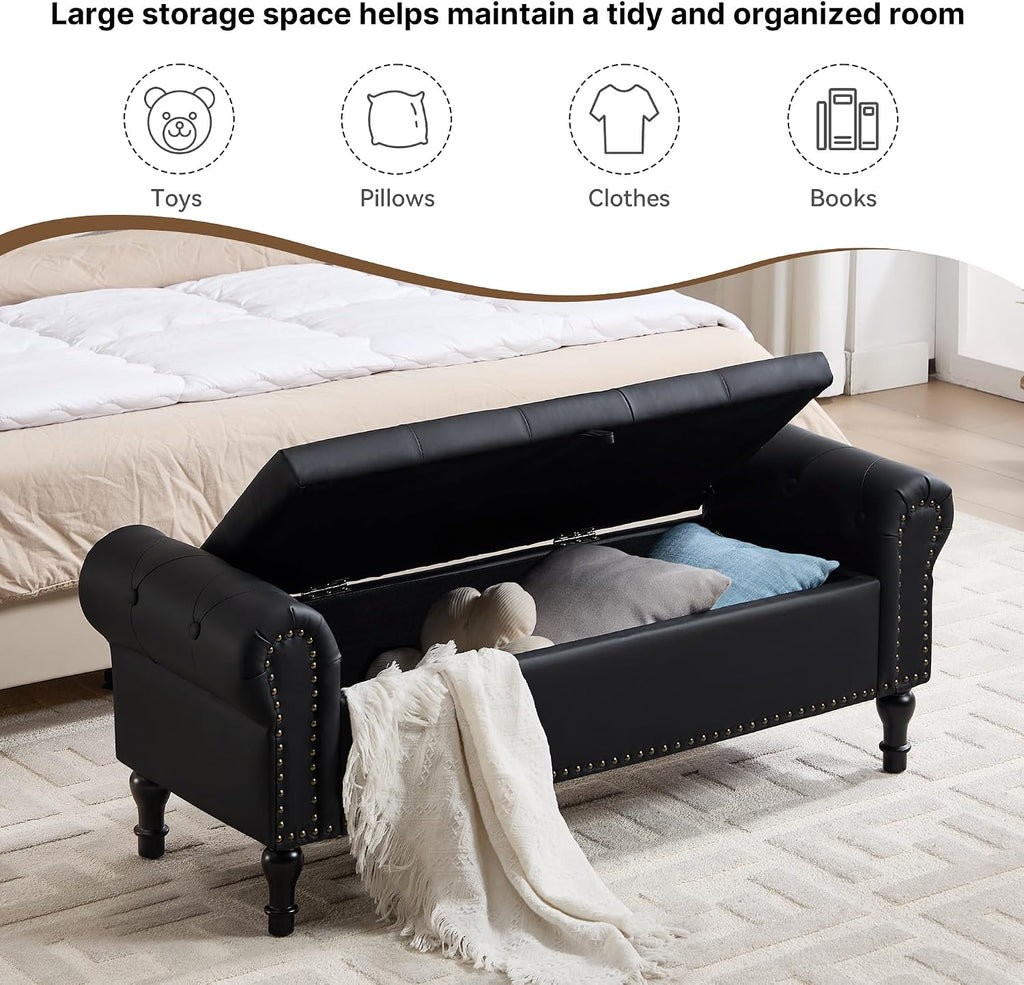 Storage Bench , 51" Upholstered End of Bed Bench, Faux Leather Queen Size Benches with Rolled Arms, Tufted Button