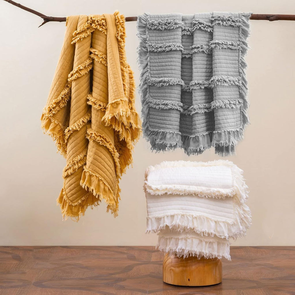 Ultra Soft Pre-Washed Warm Quilted Throw Blanket, Ruffle Fringed Yellow Boho Decorative Throw, Stone Washed Chic
