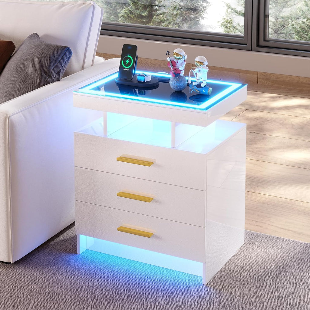 Night Stand Set 2 with LED Lights, High Gloss Nightstand with 3 Drawers,Wireless&USB&Type-C Charging Station,Smart