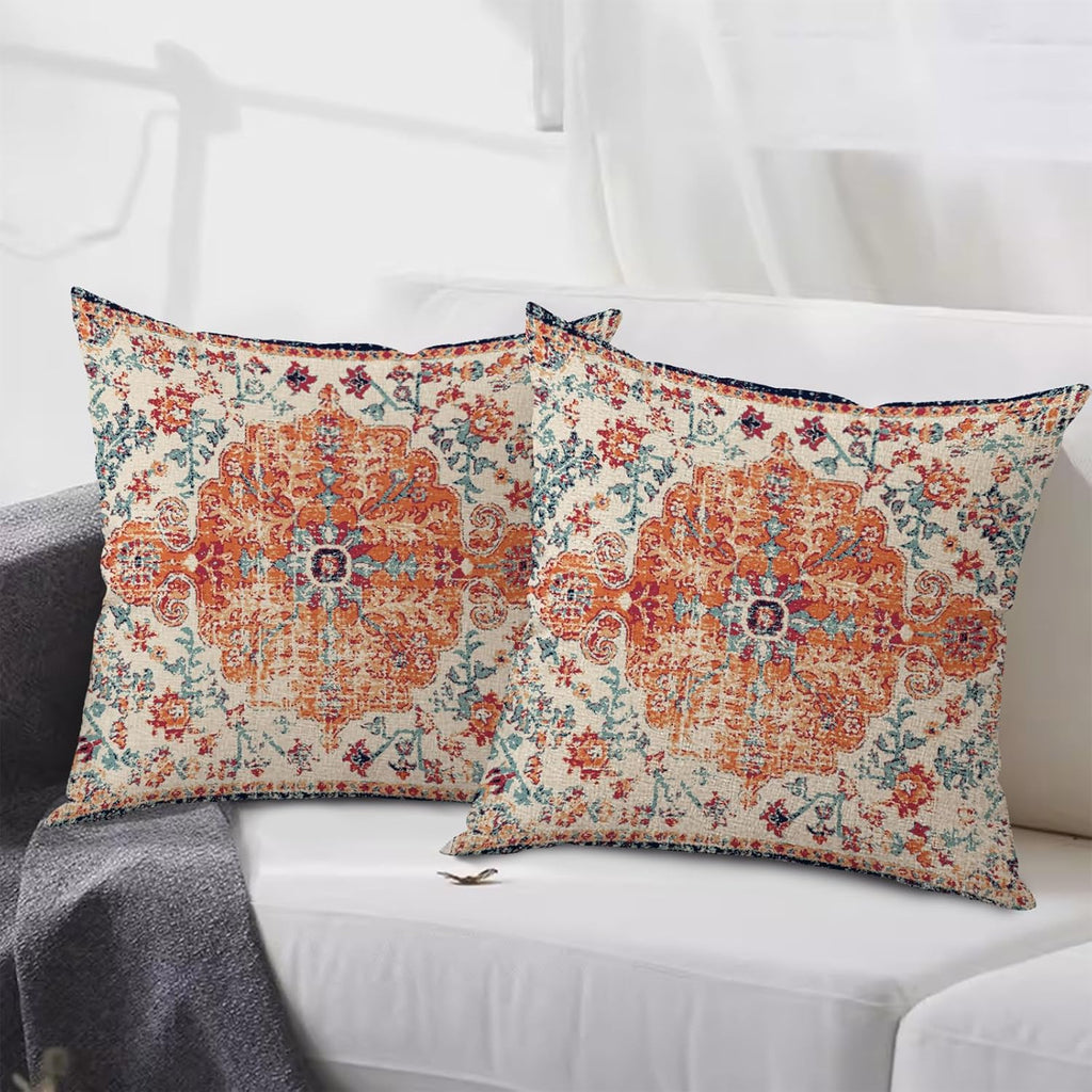 Outdoor Waterproof Pillow Covers 18X18 Inch Set of 2 - Bohemian Vintage Carpet Pattern Orange Blue Ethnic Design