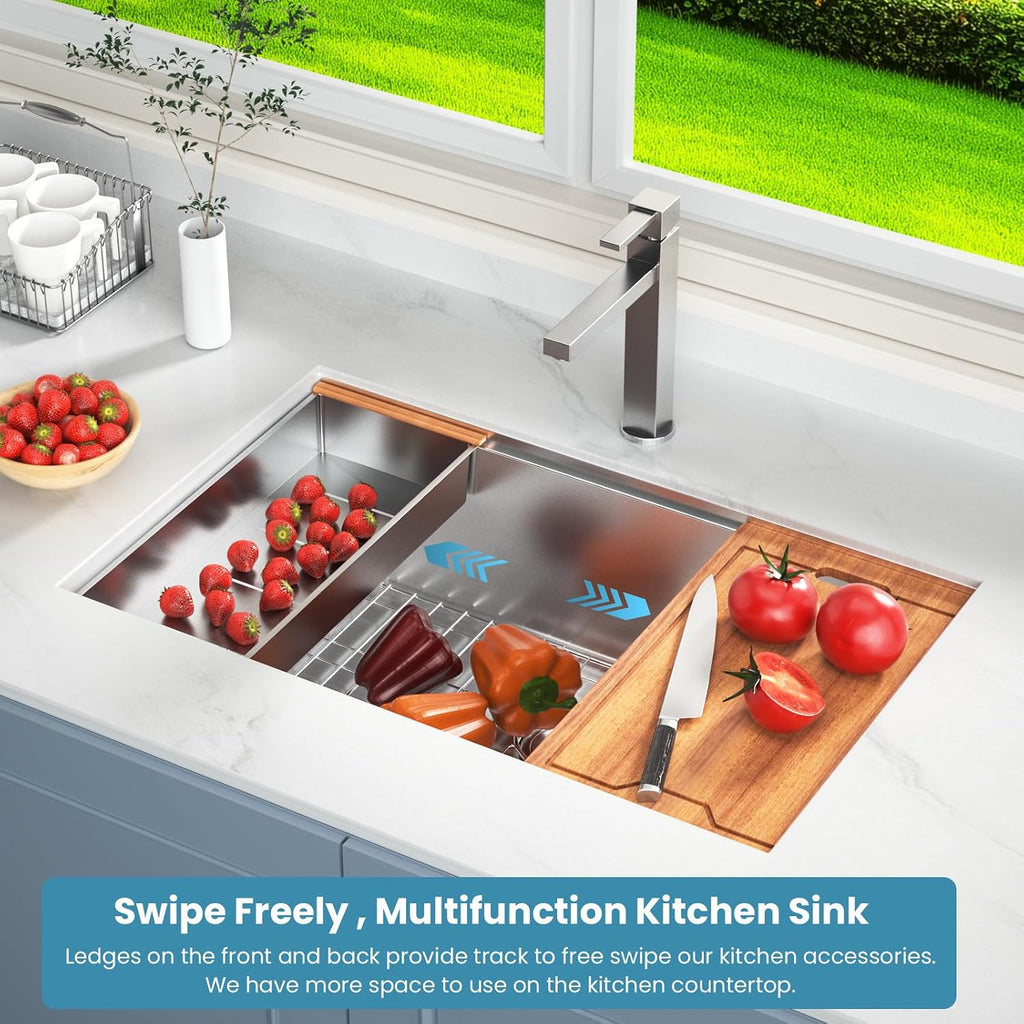 32 Inch Undermount Kitchen Sink, 16 Gauge Stainless Steel Workstation Sink | With Accessories, Single Bowl, Brushed