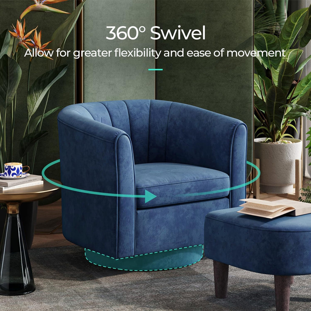 Swivel Accent Chair with Ottoman: Small Velvet Barrel Chair 360 Swivel Modern Armchair, Upholstered Reading Chair
