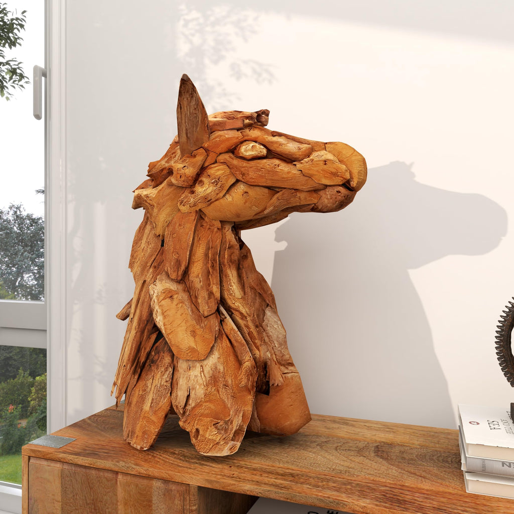 Teak Wood Horse Handmade Decorative Sculpture Head Home Decor Statue with Layered Woodchip Pieces, Accent Figurine