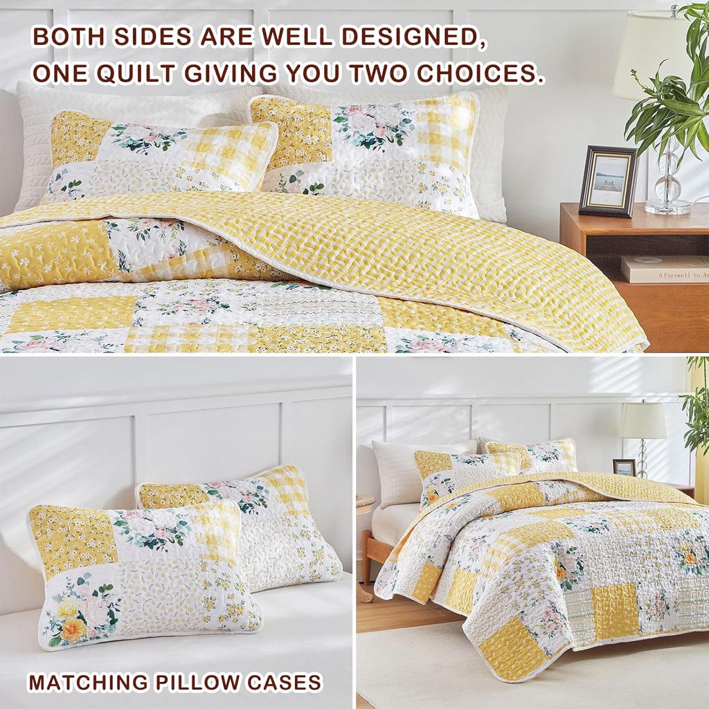 3 Pieces Floral Patchwork Quilt Set Queen, Yellow White Flowers Design, Soft Cozy Microfiber Quilt, Bedspread Bed