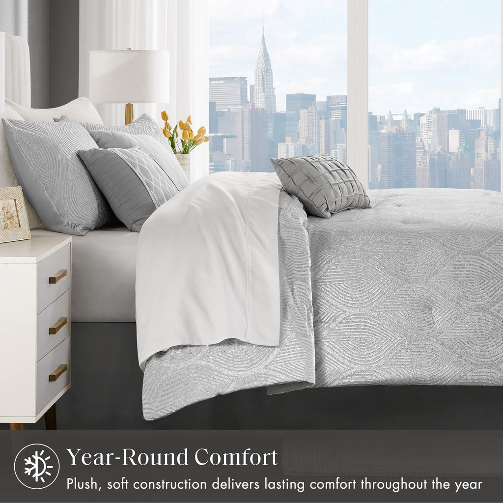 Velvet Jacquard Grey King Comforter Set, 7pc