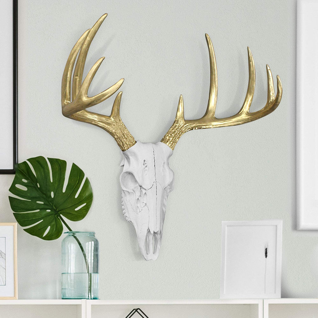 Faux Deer Skull Wall Decor, 16", White + Gold Antler