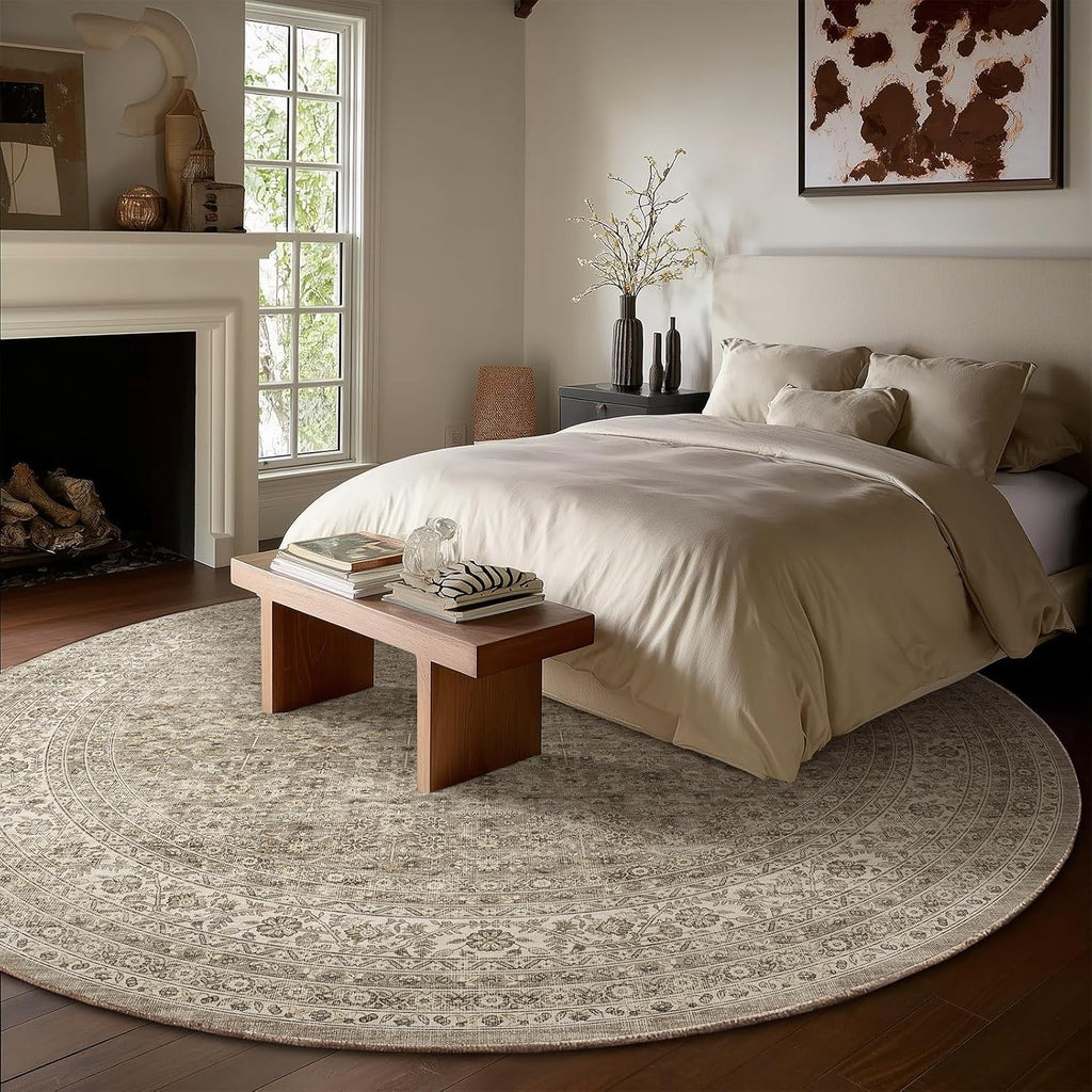 6ft Washable Round Rugs for Bedroom: Circle Living Room Rug Vintage Non Slip Low Pile Soft Faux Wool