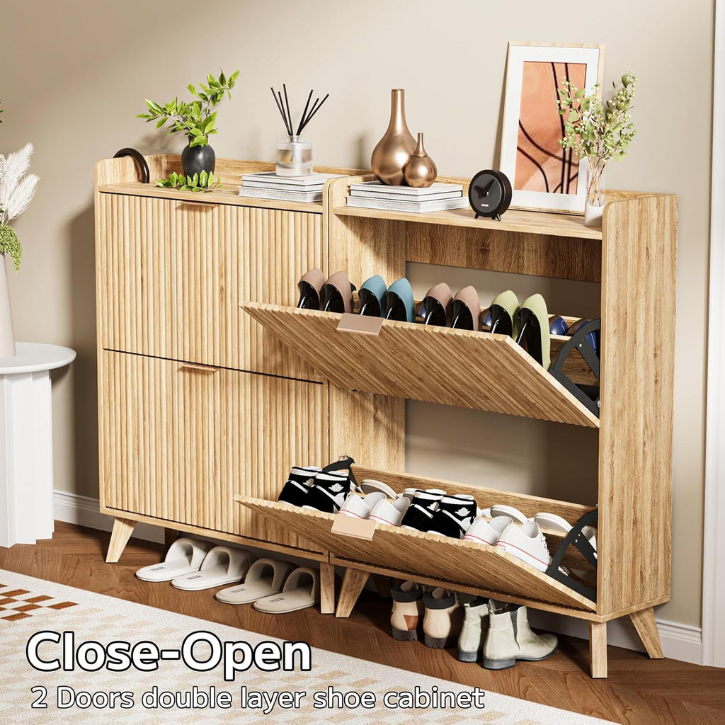 Fluted Shoe Cabinet Storage with 2 Flip Drawers, Wood Narrow Hidden Shoe Organizer with Adjustable Shelf