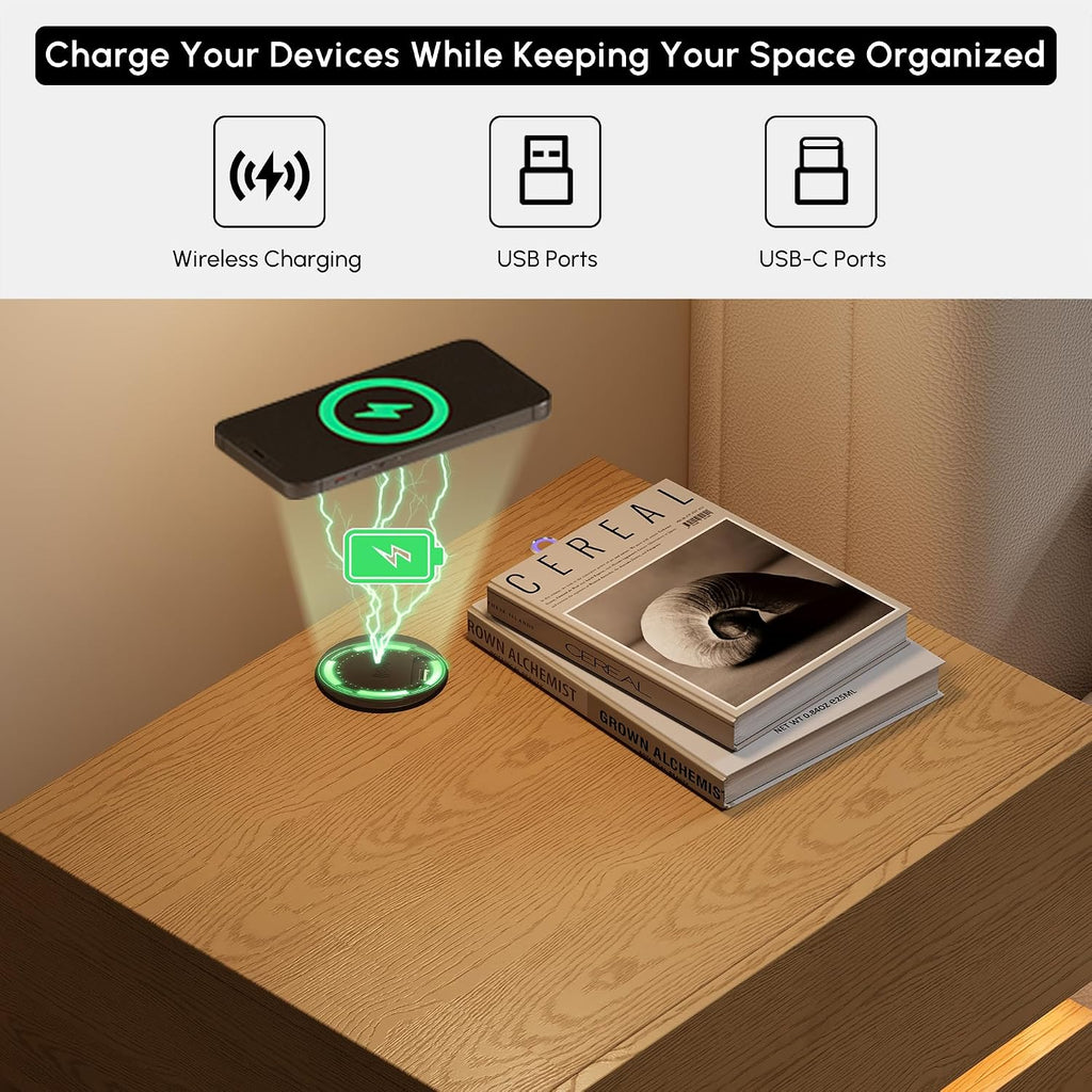 Smart Nightstand Set of 2 with Wireless Charging Station, USB & Type-C Ports, LED Light, 2 Drawers - Modern Natural