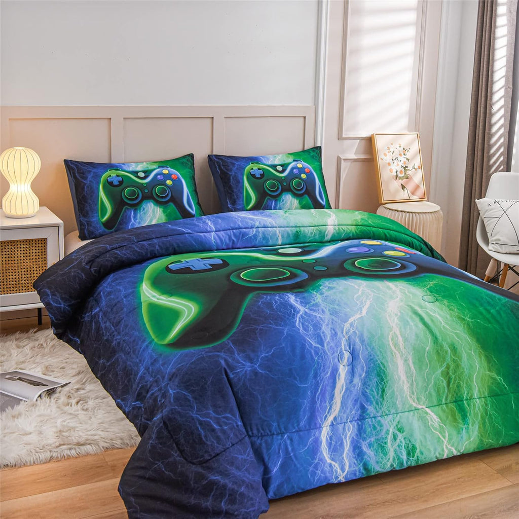Gamer Gaming Bedding Sets Red Blue Lightnings Gamepad Comforter Set for Boys Games Console Action Buttons Novelty