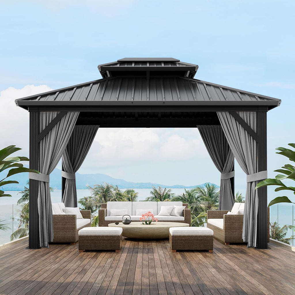10x12 FT Hardtop Gazebo with Curtains and Netting, Galvanized Steel Double Vented Roof