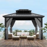 10x12 FT Hardtop Gazebo with Curtains and Netting, Galvanized Steel Double Vented Roof