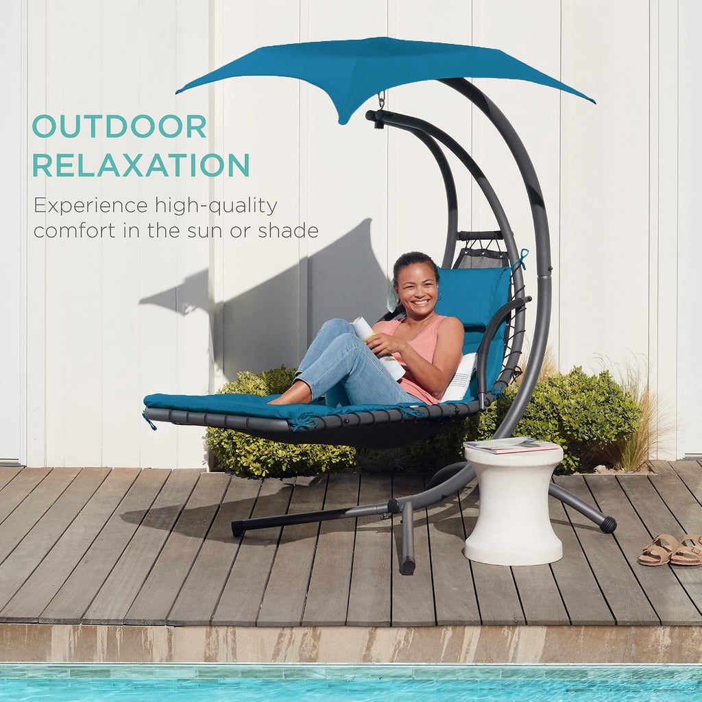 Outdoor Hanging Curved Steel Chaise Lounge Chair Swing w/Built-in Pillow and Removable Canopy - Peacock Blue