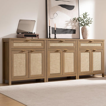 Sideboard Buffet Cabinet Set of 3, Rattan Credenza Storage Cabinet, Boho Buffet Table Console Cabinets with Drawer