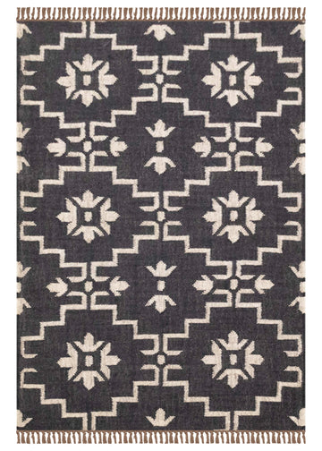 Kilim Reversible Runner 2.6x4 Southwestern Flatweave Runner Floral Design Black Beige Hand Woven Rug Thick 0.19" Wool