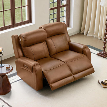 Genuine Leather Power Recliner Sofa, Wall Hugger Reclining Loveseat with Power Headrest, Dual Motor, USB Charging