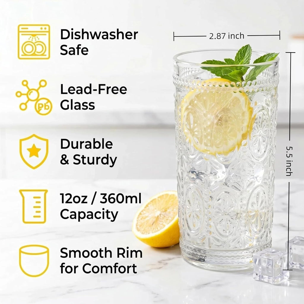 6 Pack Romantic Drinking Glasses, 12 oz Highball Glasses, Thick Water Glasses, Tall Glass Cups for Beverages, Beer