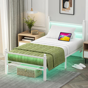 Twin Size Bed Frames with Charging Ports&LED Lights,Heavy Duty Metal Slats Support,No Box Spring Needed,Noise Free,No