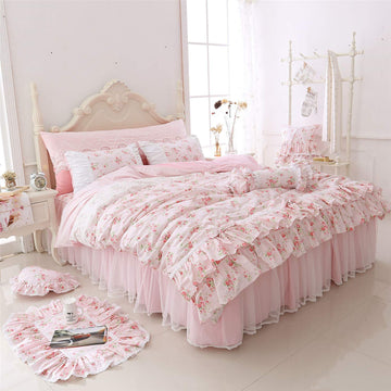 Romantic Roses Print Duvet Cover Set with Bed Skirt Pink Lace Ruffle Floral Bedding Sets 4 Piece