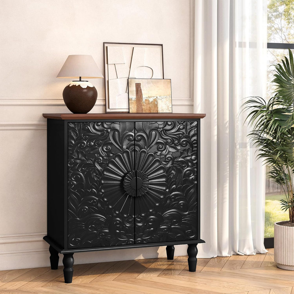 Black Sideboard Buffet Cabinet with 2 Embossed Flowers Doors | Rustic Wood Accent Storage Cabinet, Decorative Cabinet