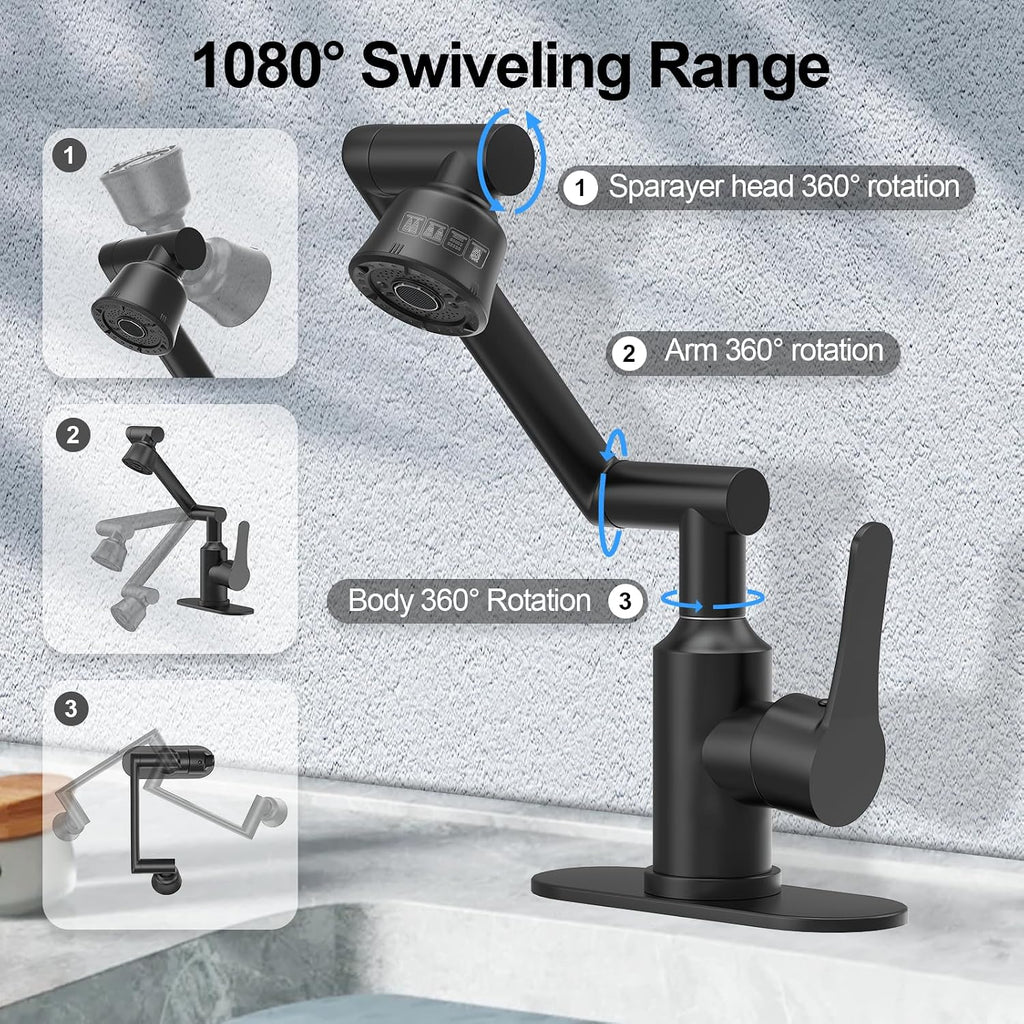 Bathroom Sink Faucet, FunnyAir Stainless Steel 1080° Rotatable Faucet for Sink 1 Hole or 3 Holes