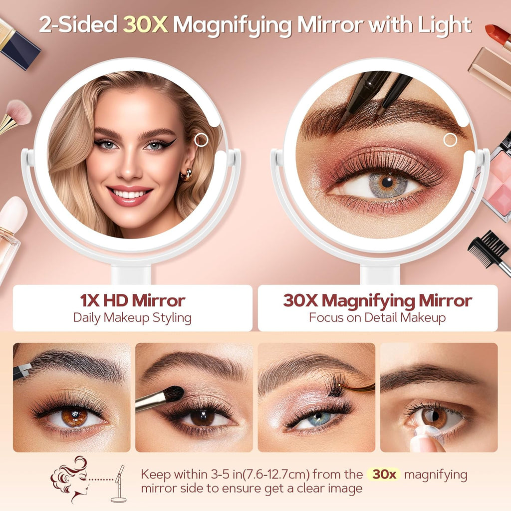 Vanity Mirror with Lights, 30X Magnifying Makeup Mirror with 3 Lighting and Adjustable Brightness, Rechargeable 2