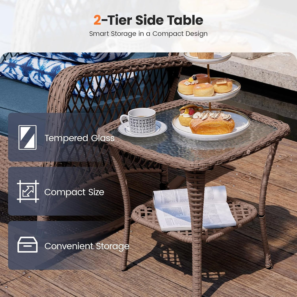 Rocking Chair Outdoor Set 2 w/Coffee Table, 3 Pc Wicker Bistro Set | Rocking with 4" Water-Resistant Cushions