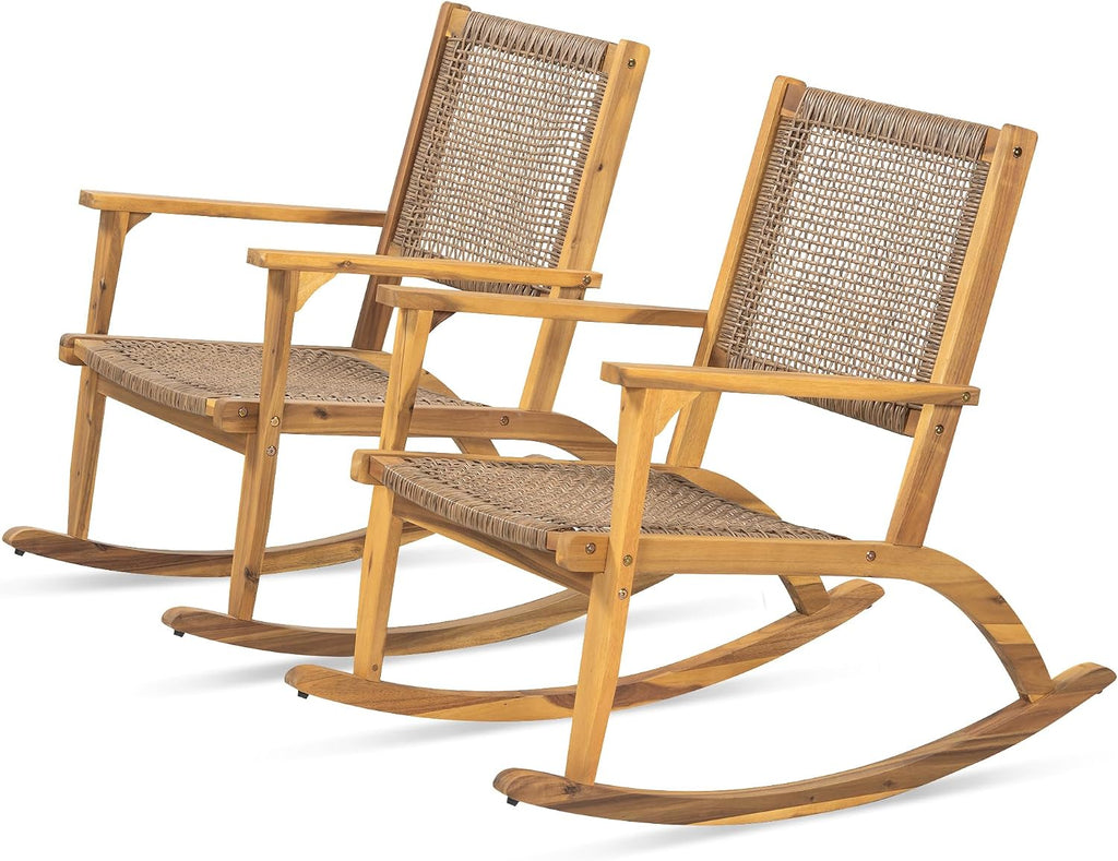 Acacia Wood Outdoor Rocking Chair Set of 2, Natural Wicker Outdoor Rockers with Wicker Rattan Seat & Backrest, 400