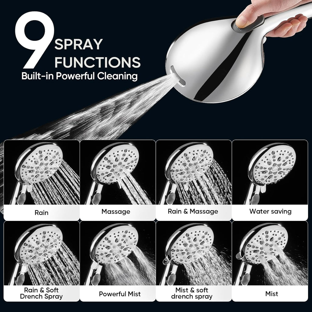 9-Function Shower Head with Built-in Power Spray, 1.8 GPM Water Saving ON/OFF Toggle Switch