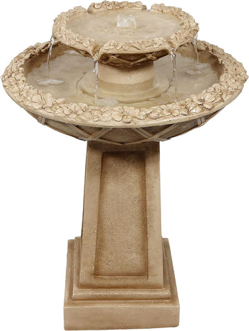 Beveled Flower 28-Inch 2-Tier Outdoor Water Fountain - Backyard Water Feature & Bird Bath or Deck