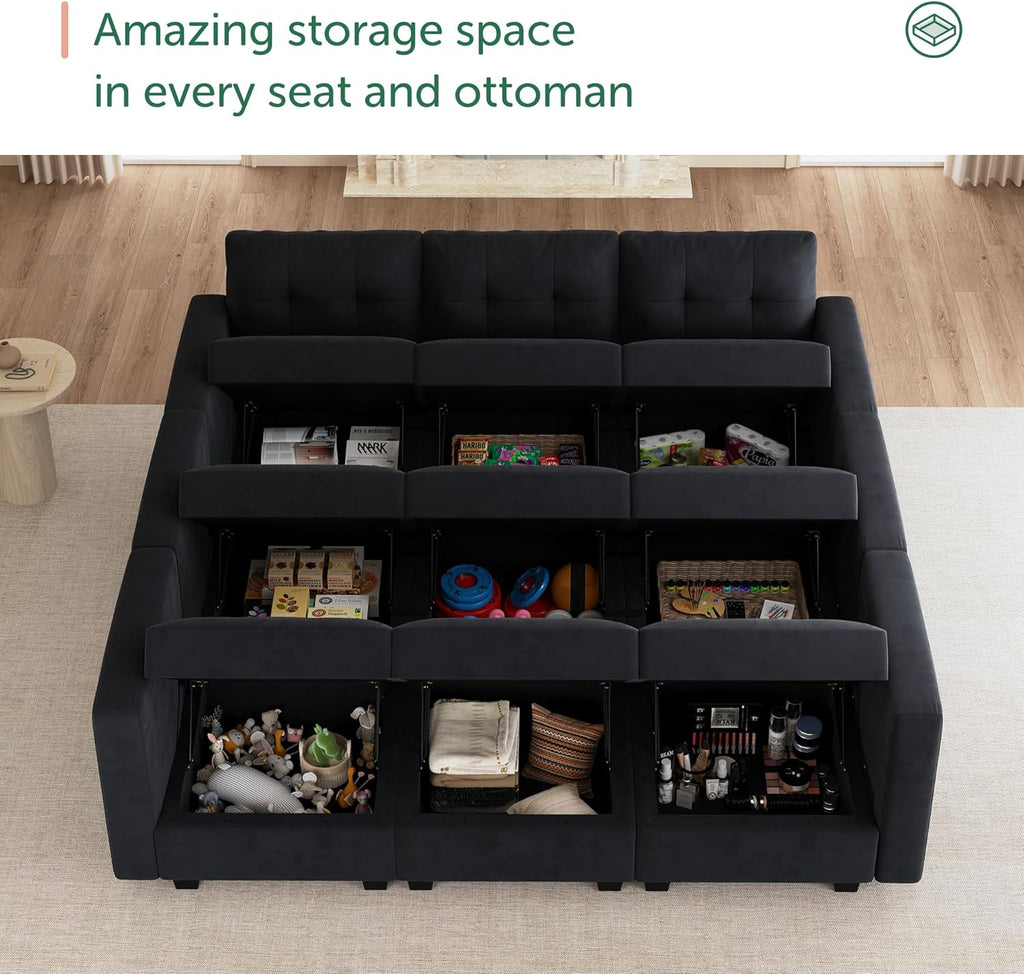 Sectional Couch with Storage, Modular Sectional Sofa, Velvet Couches for Living Room, Black