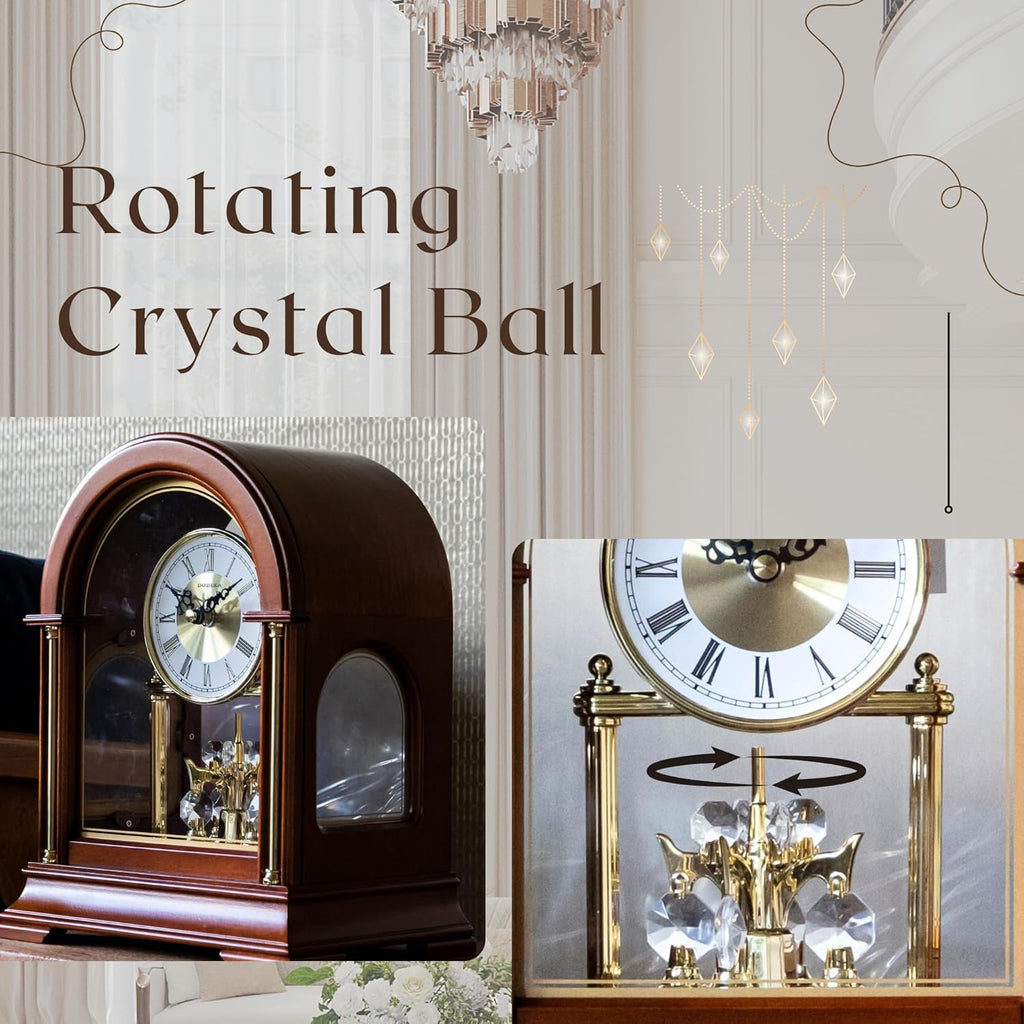 Wooden Mantel Clock TCW001DB Rotating Pendulum and Crystals Desktop Musical Hourly Chime Luxury Style for Bedroom, Home, Kitchen