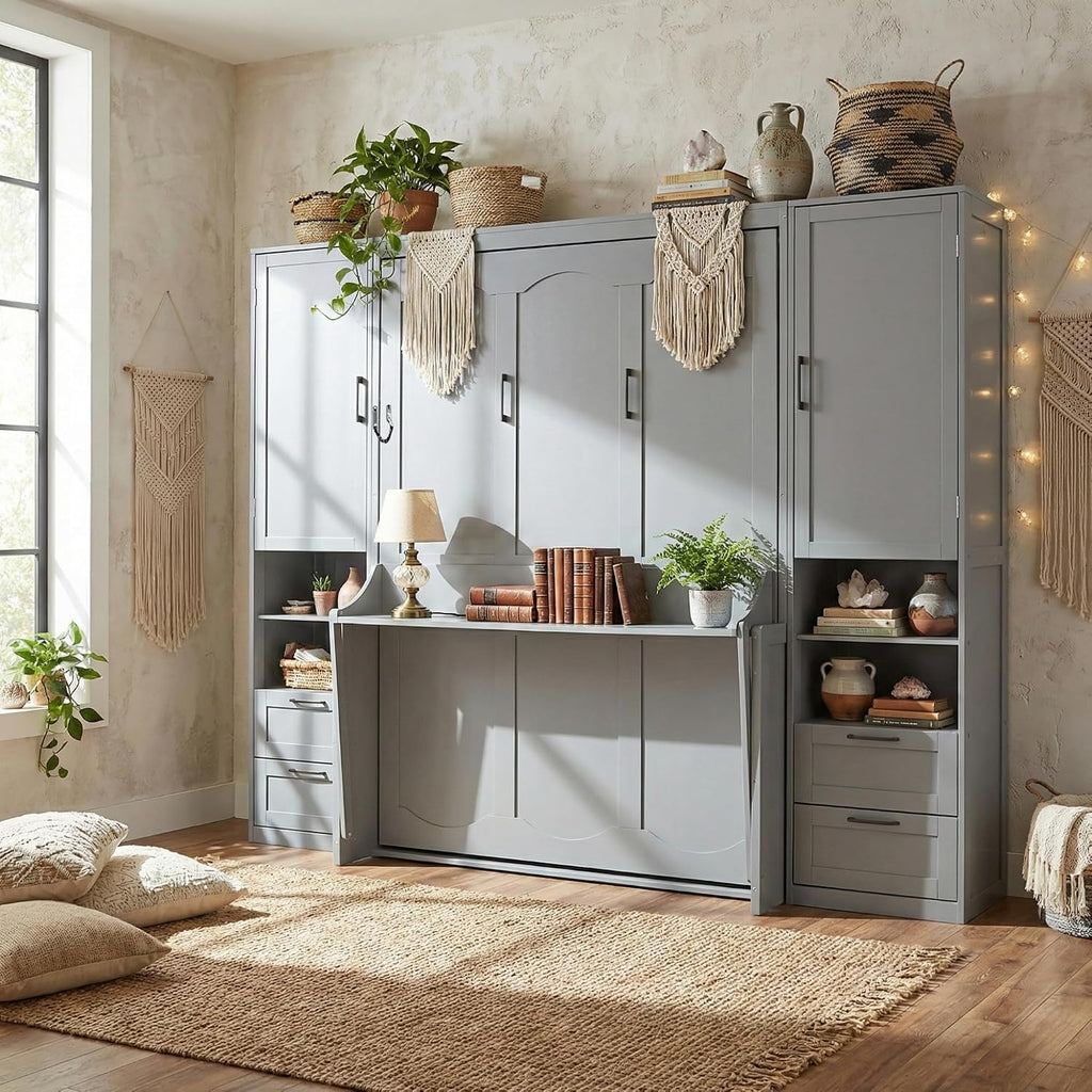 Queen Murphy Bed with Desk, Multifunctional Foldable Wall Bed with Closet, Drawers and Shelves, Space-Saving Wood